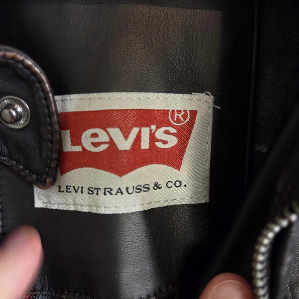 Levis Faux Leather Racer Jacket Mens Brown Moto Bomber Faux Leather Plaid Lining - Picture 6 of 8